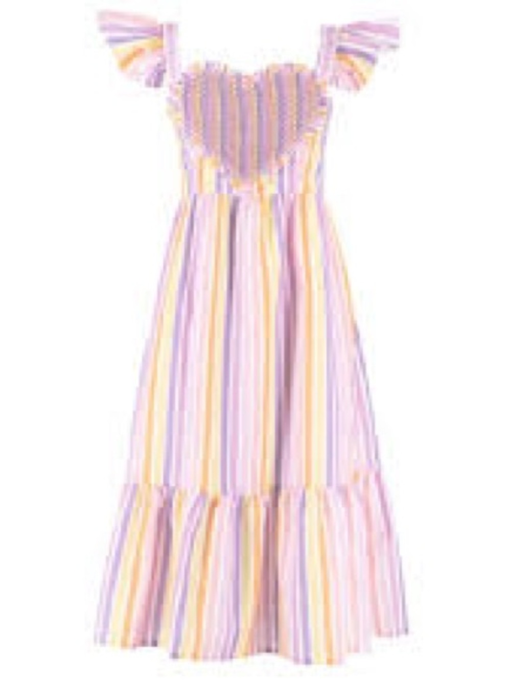 Smocked Midi Dress in Lilac and Yellow Stripe
